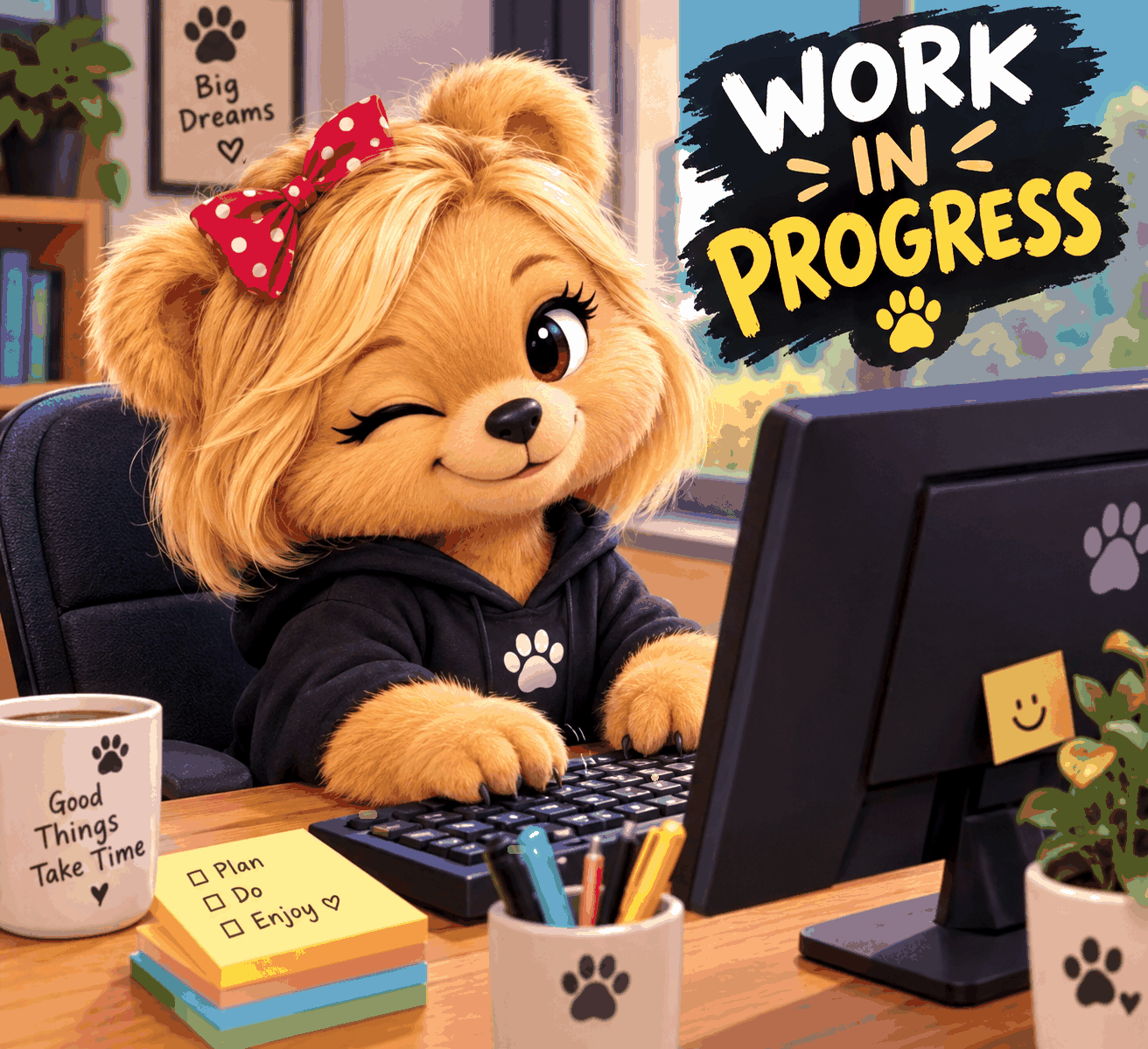 An animated bear hard at work